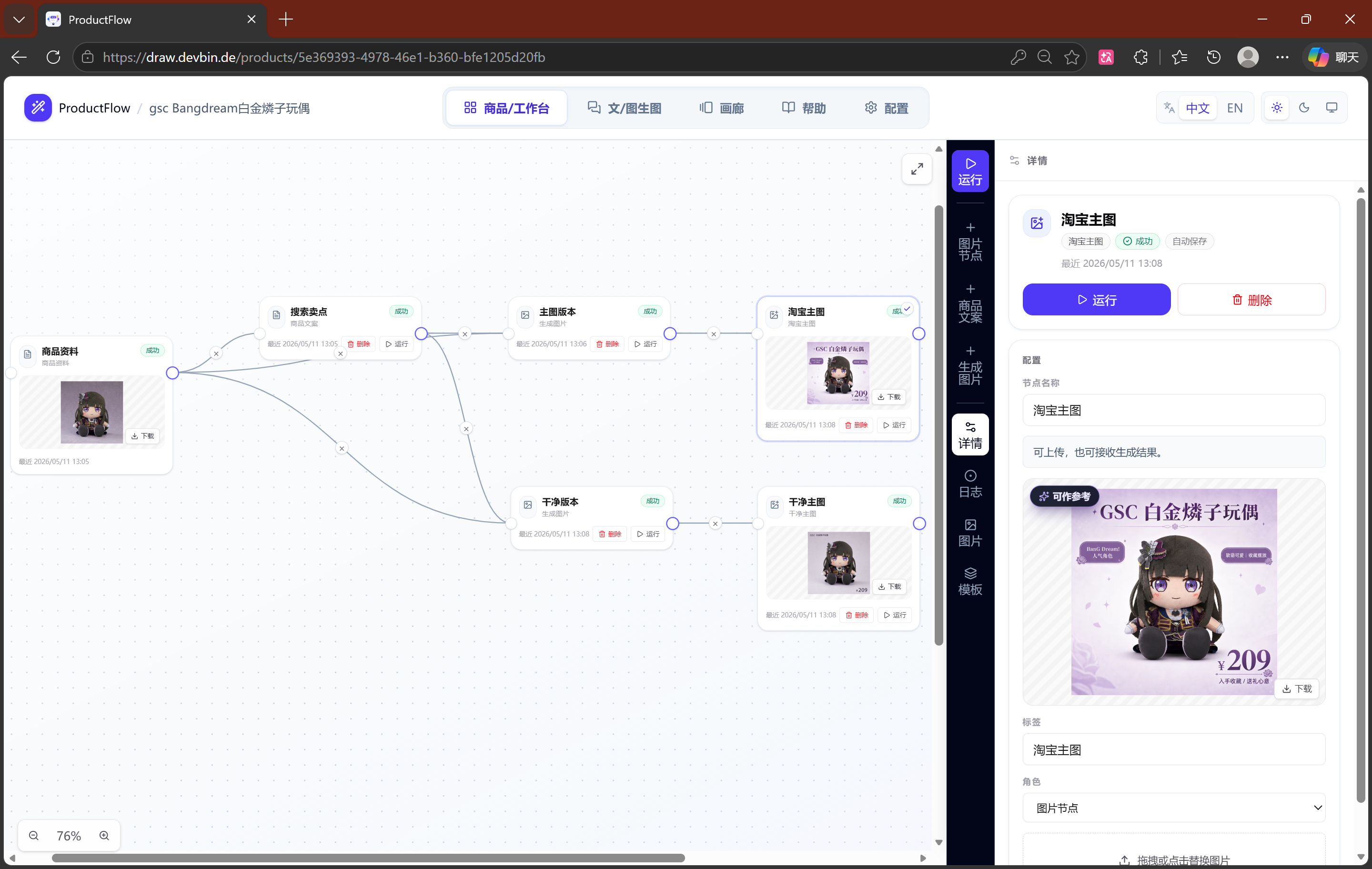 Node canvas của workbench sản phẩm: ảnh tham chiếu, node copy và node sinh ảnh.
