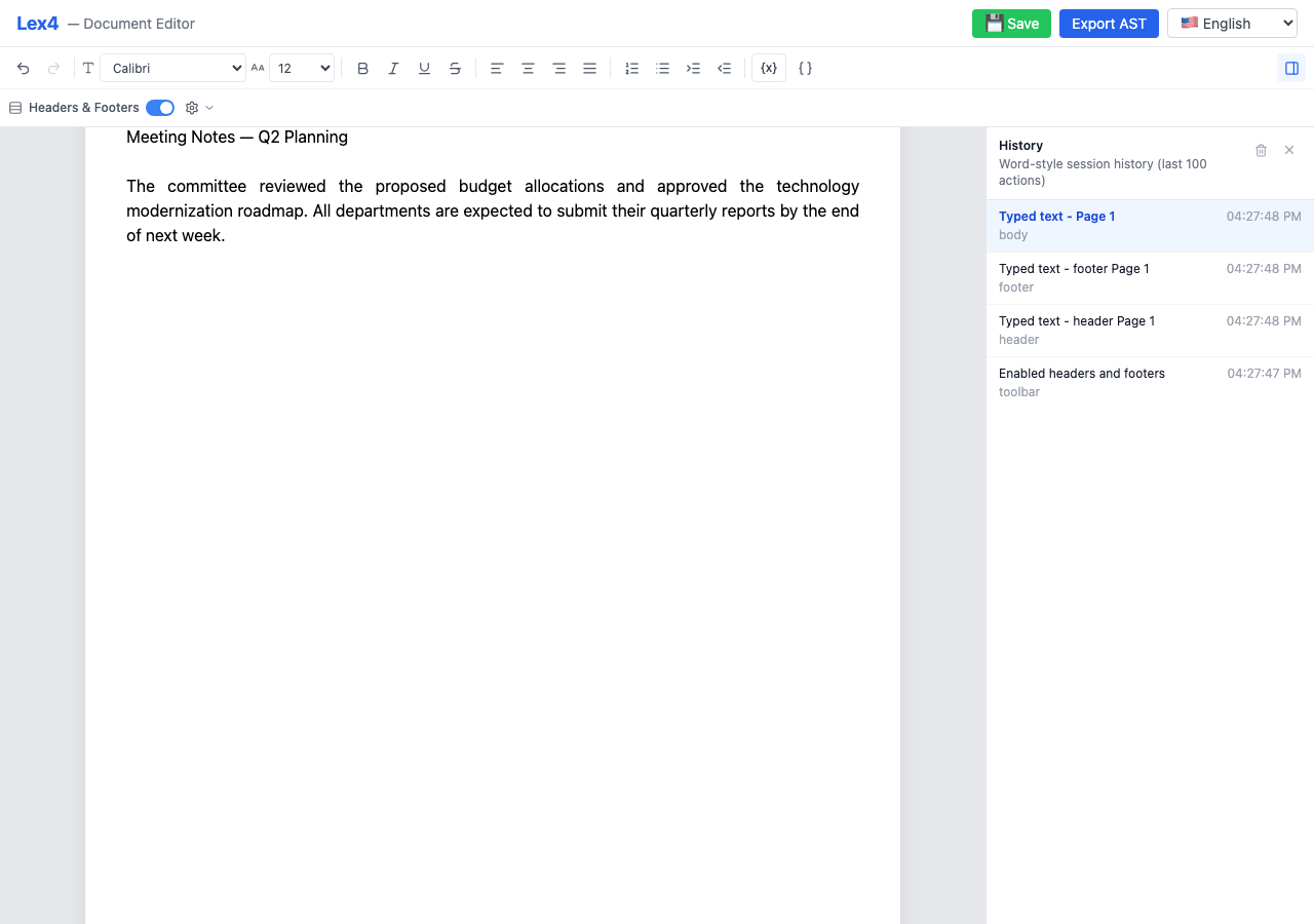 Editor with headers and footers