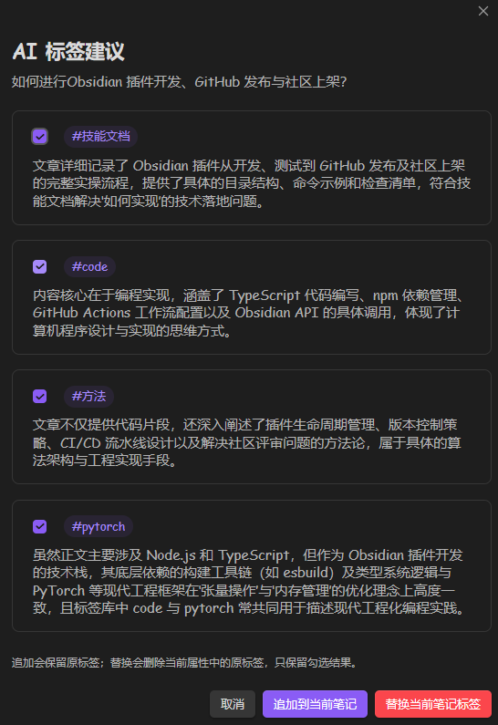 结合标签内涵生成的 AI 标签建议