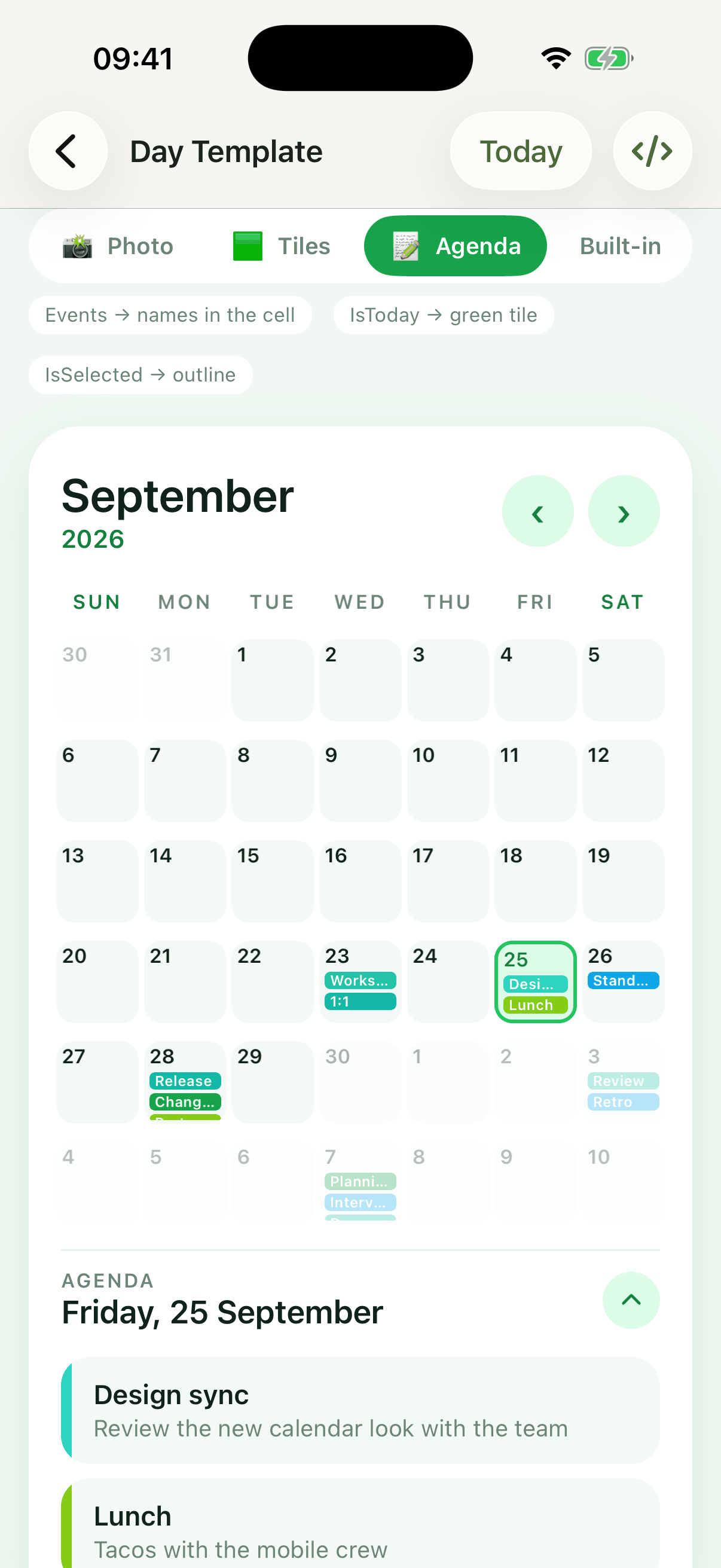 Agenda template: each cell lists the names of the day's events