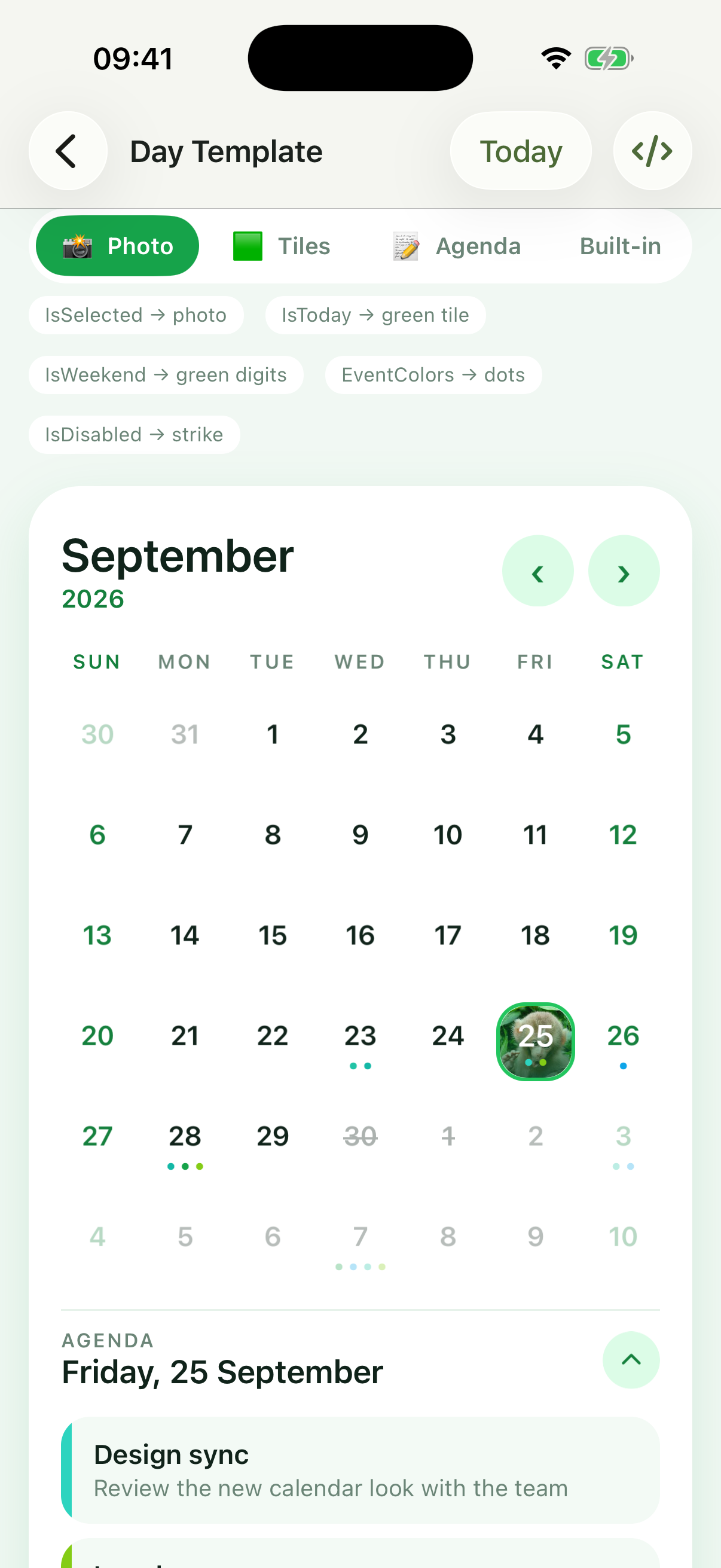 Photo template: the selected day shows a picture, weekend numbers are green and event days get one dot per event color