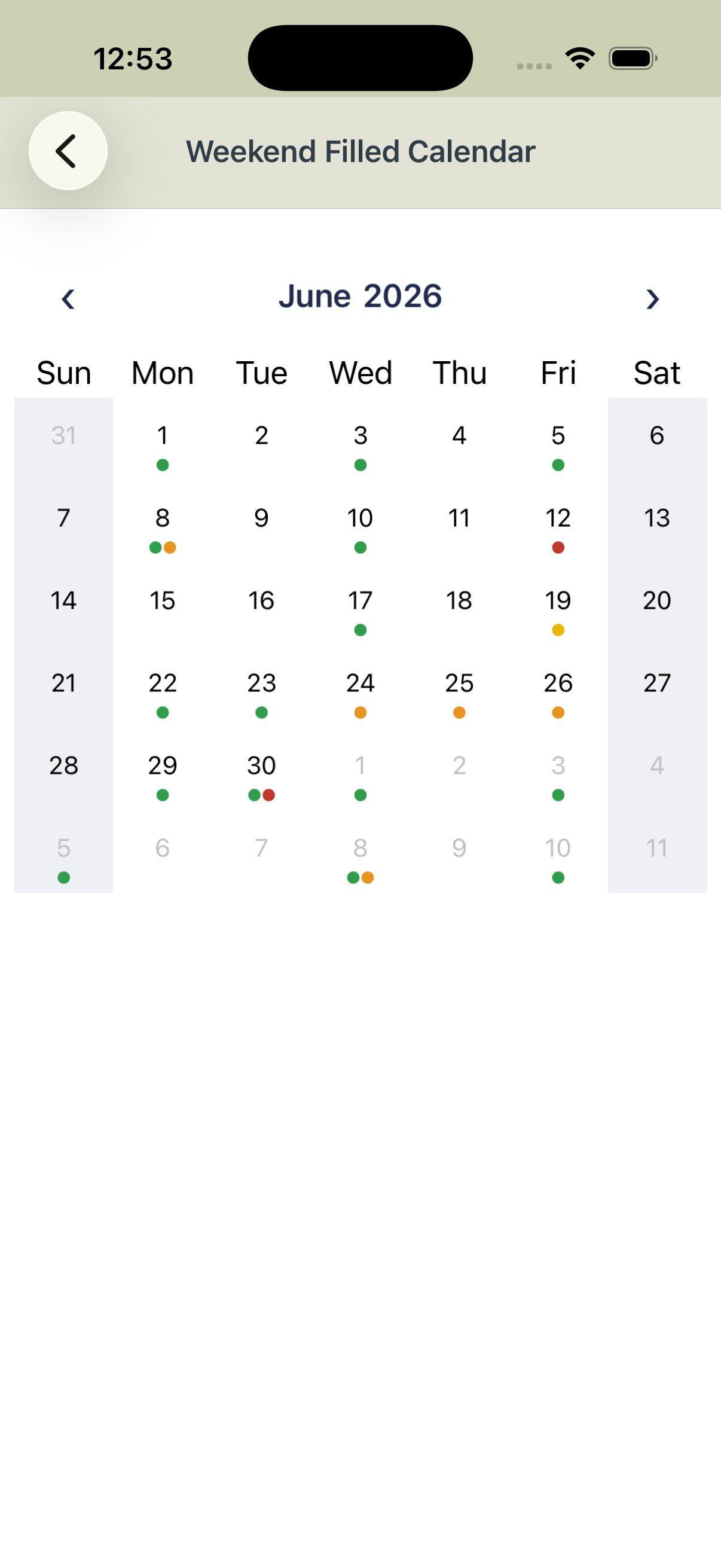 Weekend filled calendar Screenshot