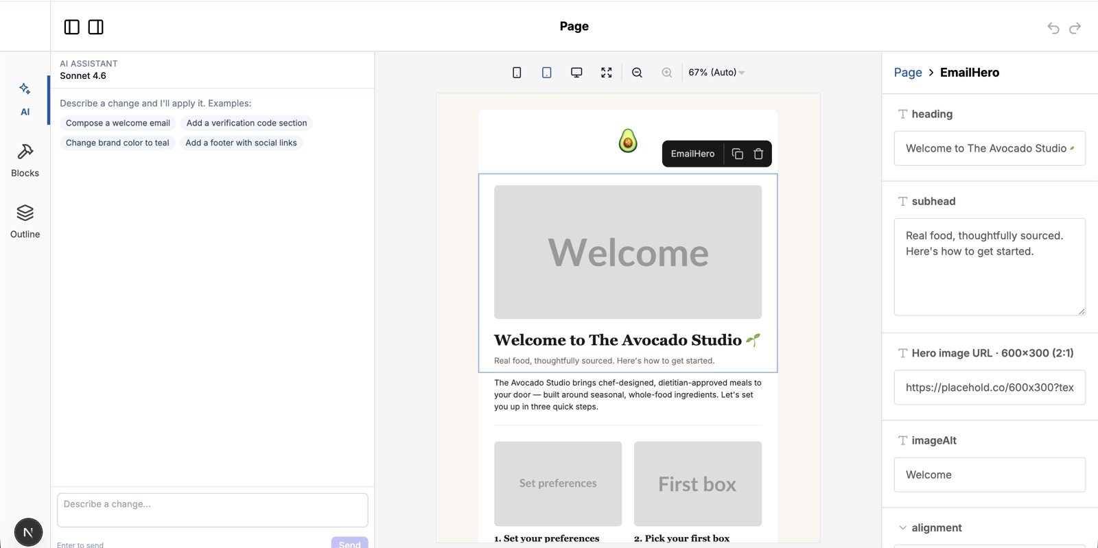 AI Email Builder — Puck canvas in the centre, AI assistant in the left sidebar, block fields on the right, editing a welcome email