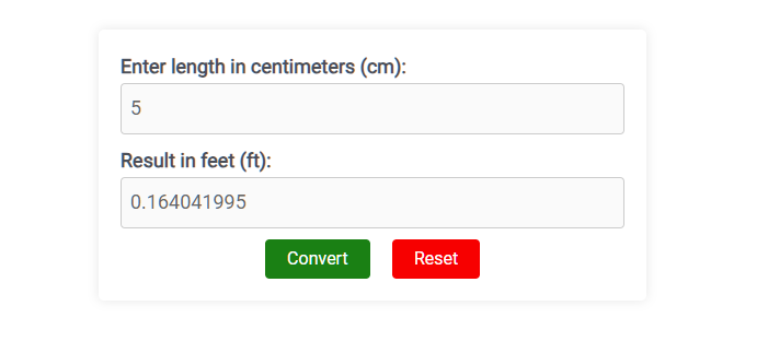 Screenshot of the centimeter to feet converter