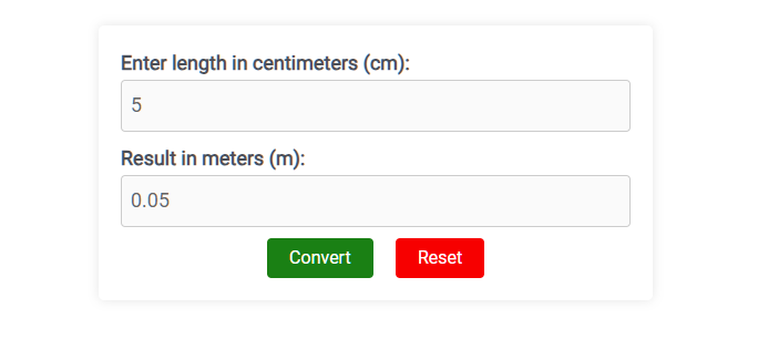 Screenshot of the centimeters to meters converter