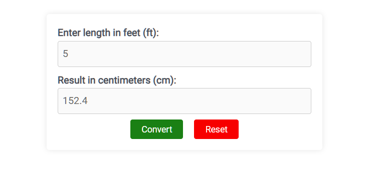 Screenshot of the feet to cm converter