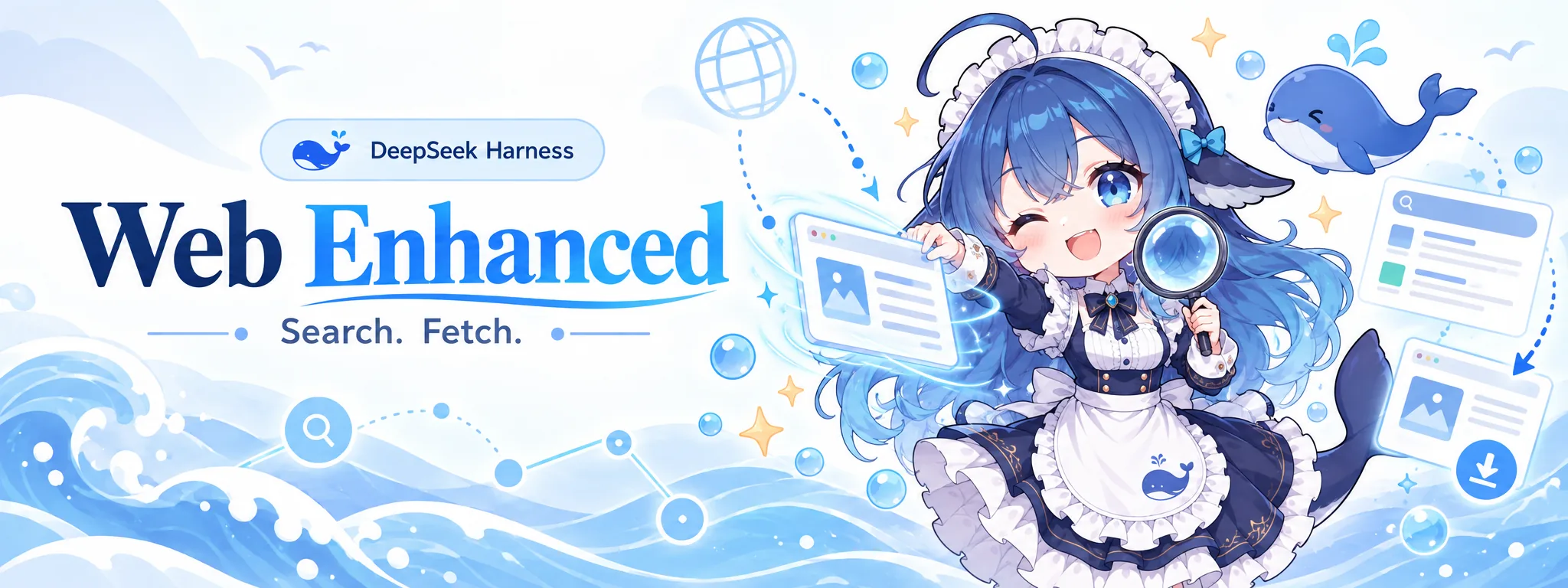Q 版 DeepSeek 鲸鱼娘一手拿放大镜、一手取来网页卡片，左侧标题 Web Enhanced