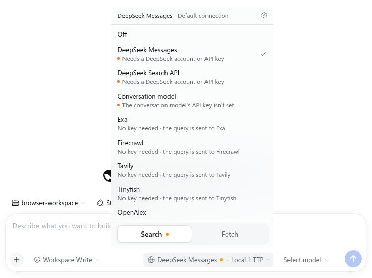 输入框的连接菜单：搜索面板列出关闭、DeepSeek Messages、DeepSeek Search API、会话模型、Exa、Firecrawl、Tavily、Tinyfish 等连接及其访问方式，底部是搜索与抓取的切换标签