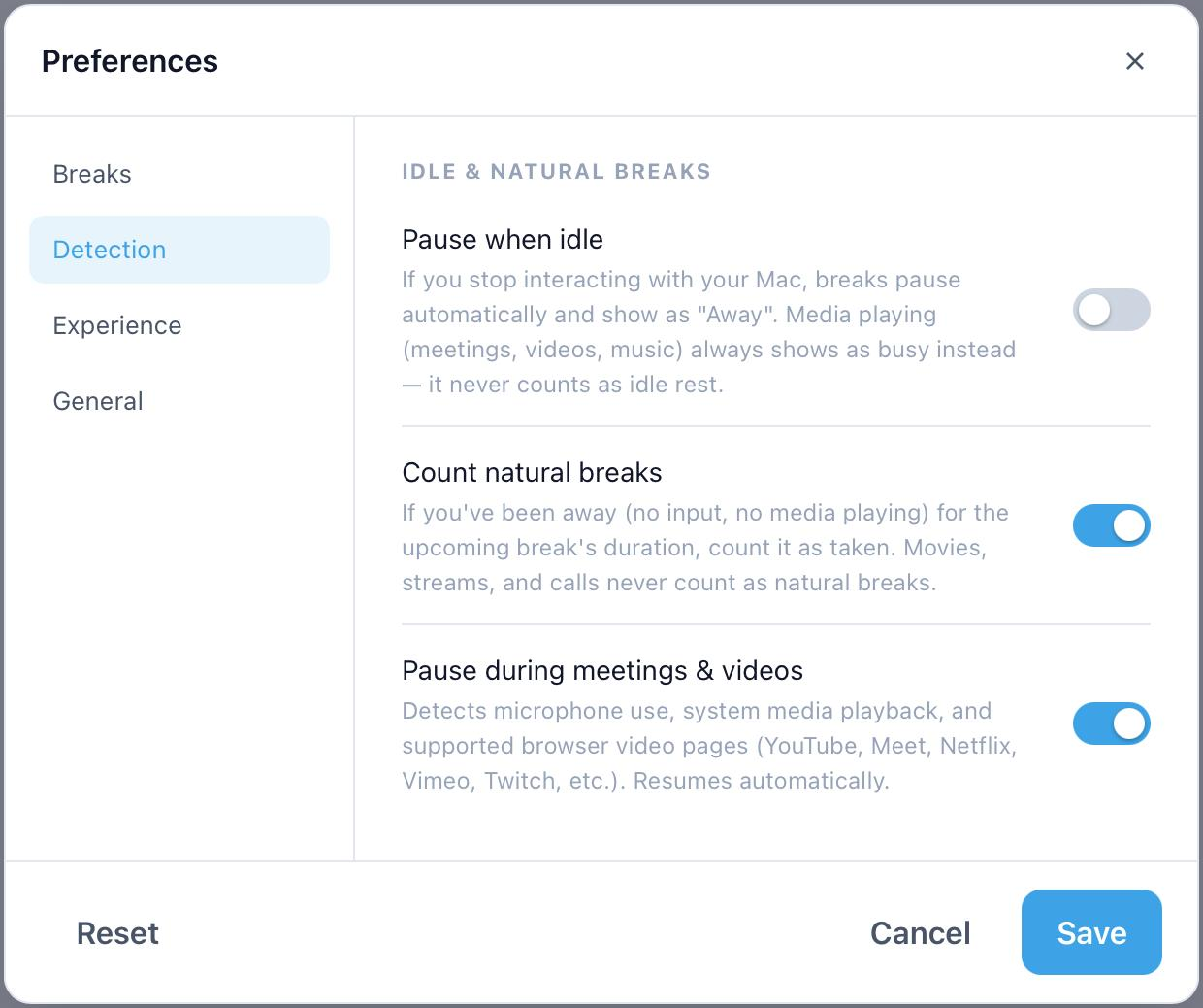 Pausa preferences — Detection: idle, natural breaks, and meeting/video detection