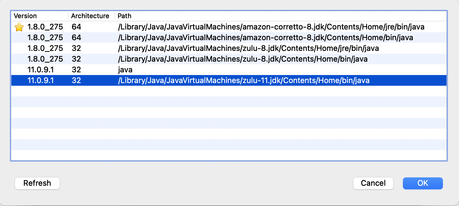 Screenshot of JVM list with correct JVM highlighted