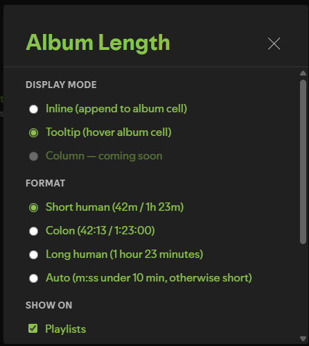 Album Length settings modal