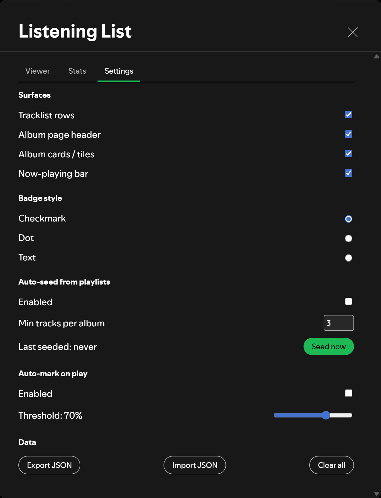 Settings tab with surface toggles, badge style, auto-seed, auto-mark, and data controls