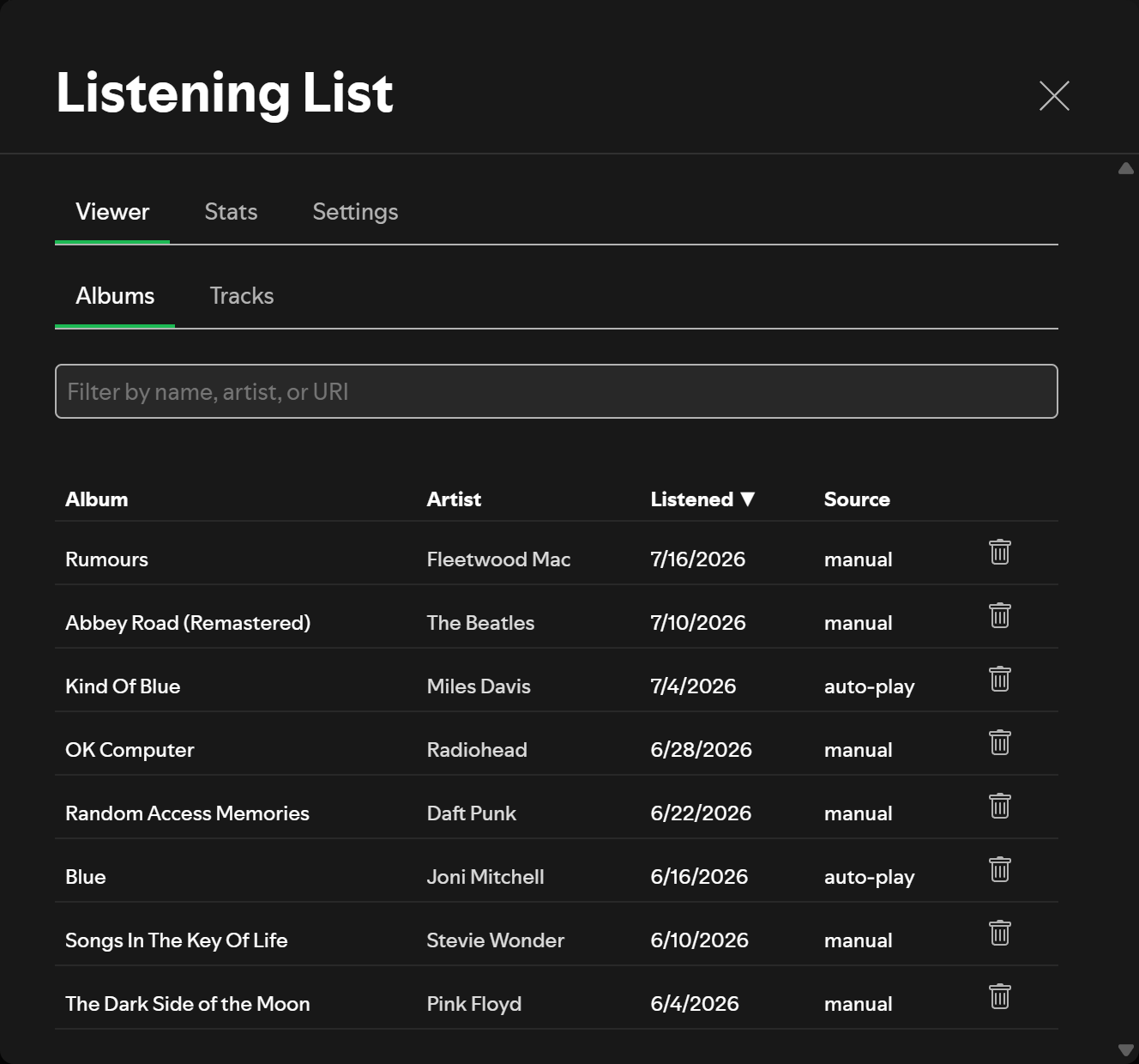 Viewer tab listing marked albums with artist, date listened, and source