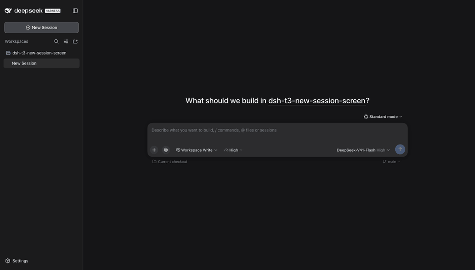 The New Session screen: the headline, the project menu, the branch picker and the effort picker