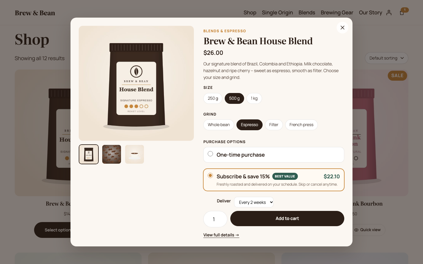 Quick view modal with variations and subscribe & save