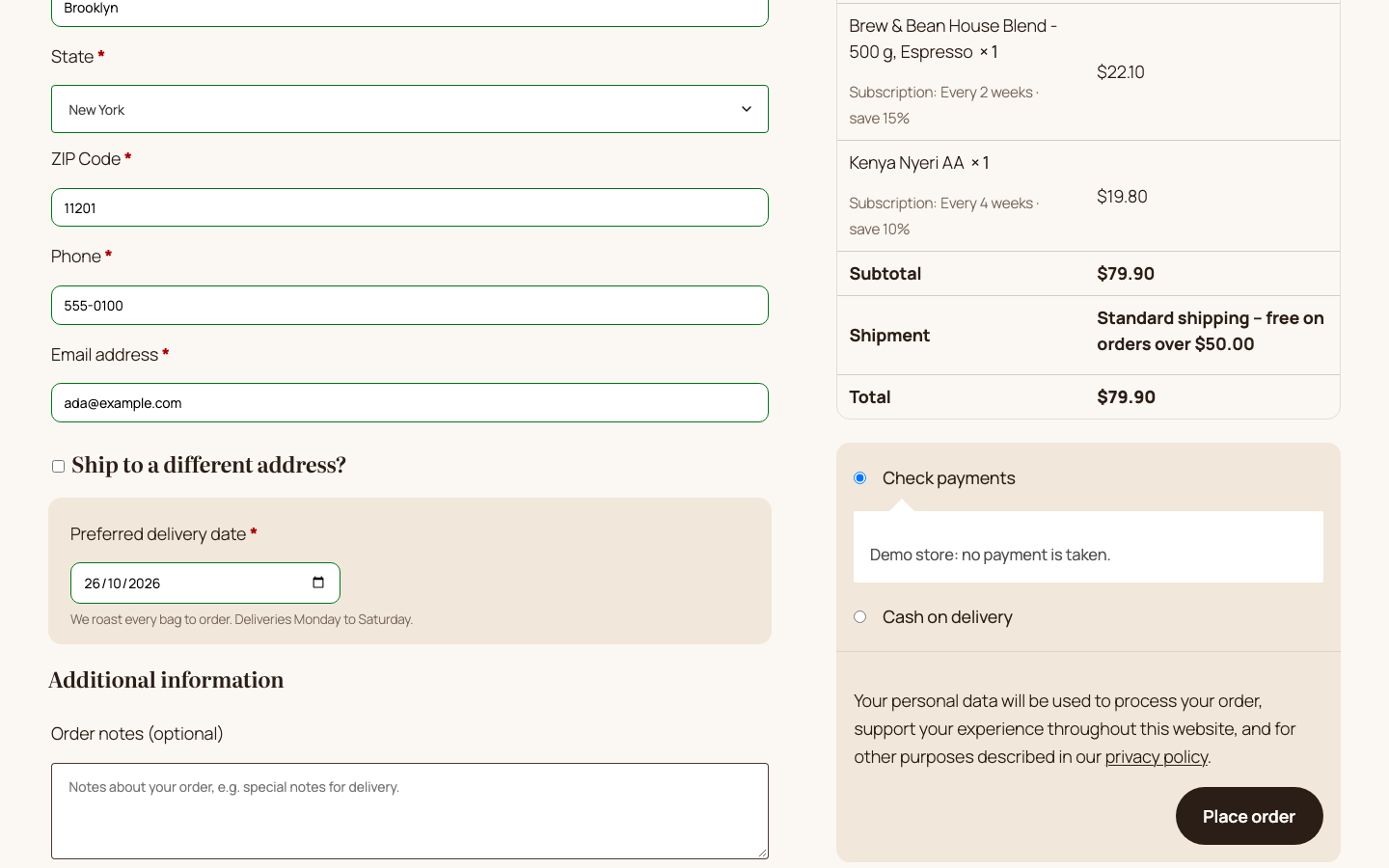 Checkout with delivery date field