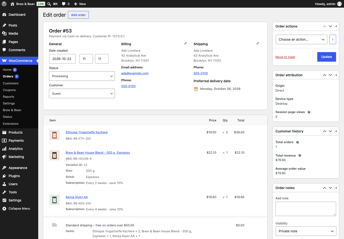 Admin order with delivery date and subscription meta