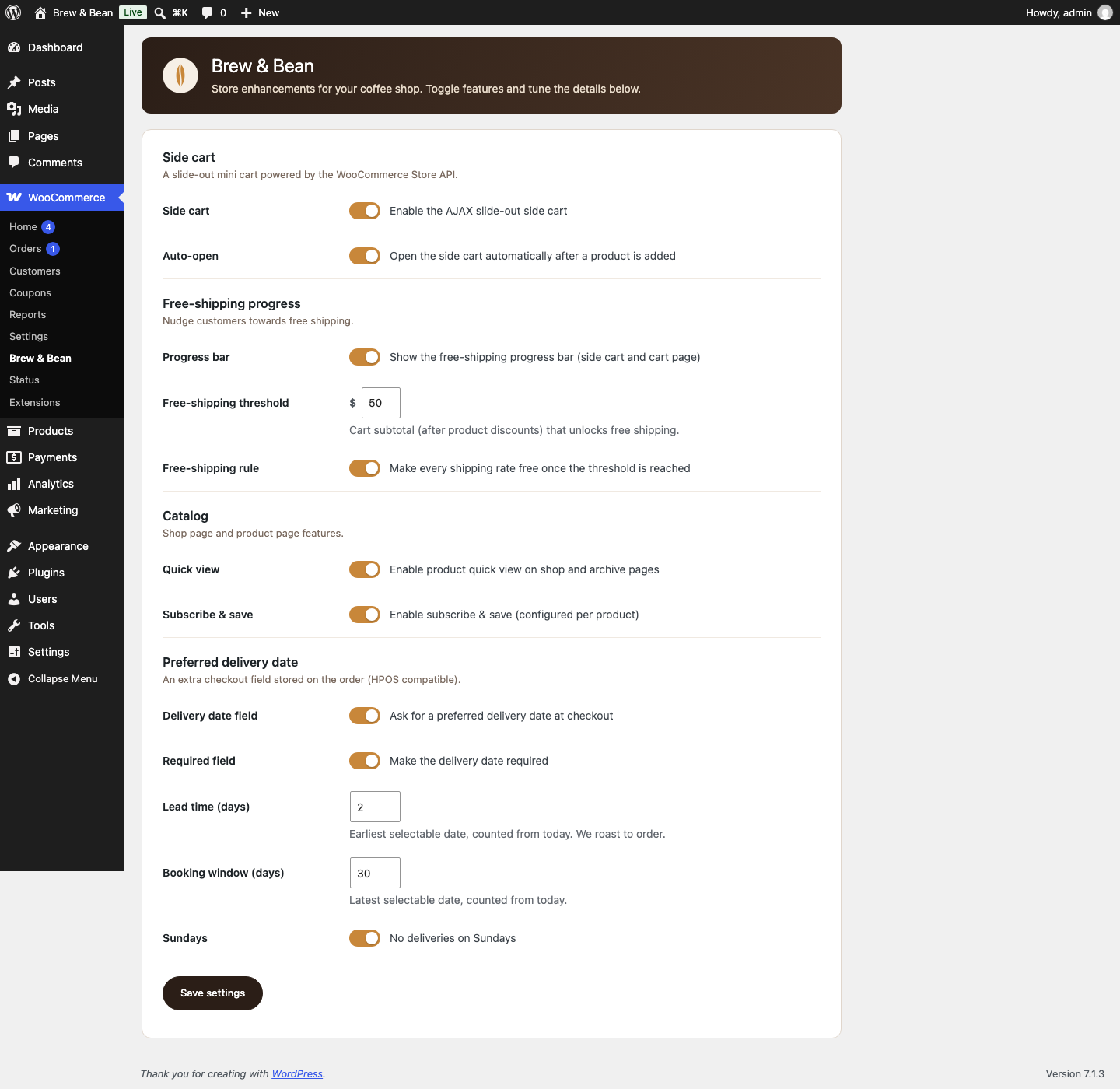 Settings page
