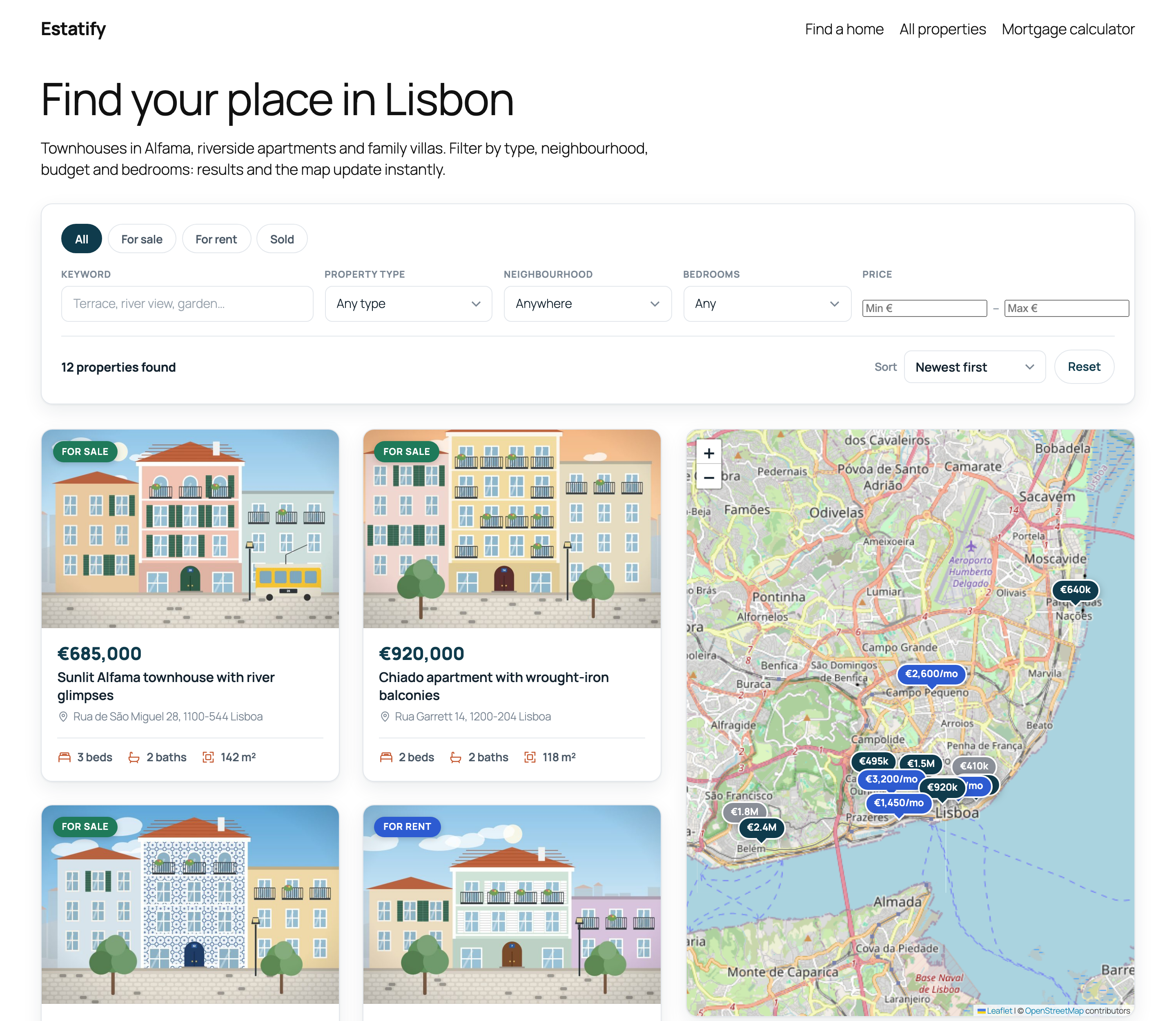 Find a home: live filters, listing grid and map