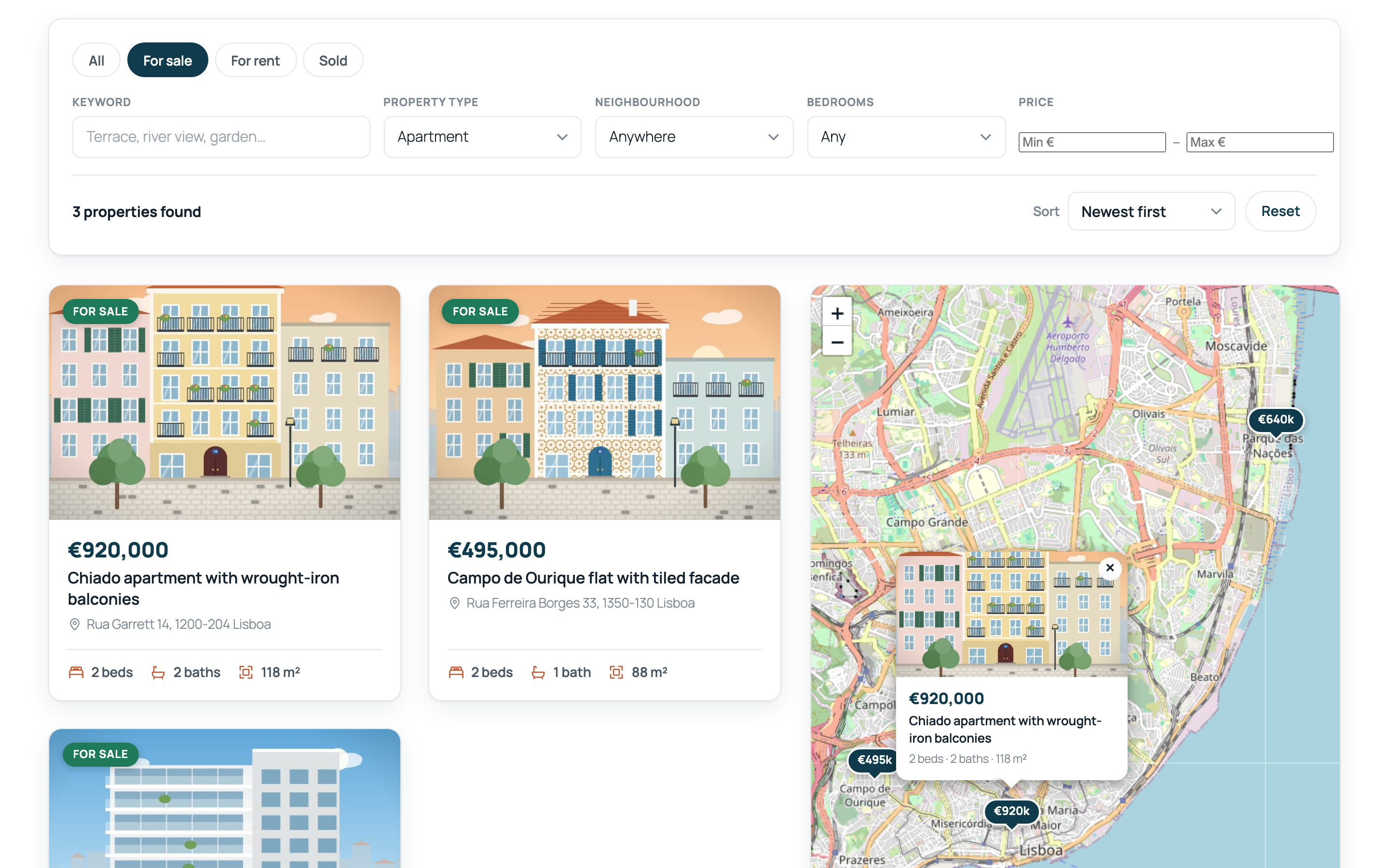 Live filters update the grid and the map