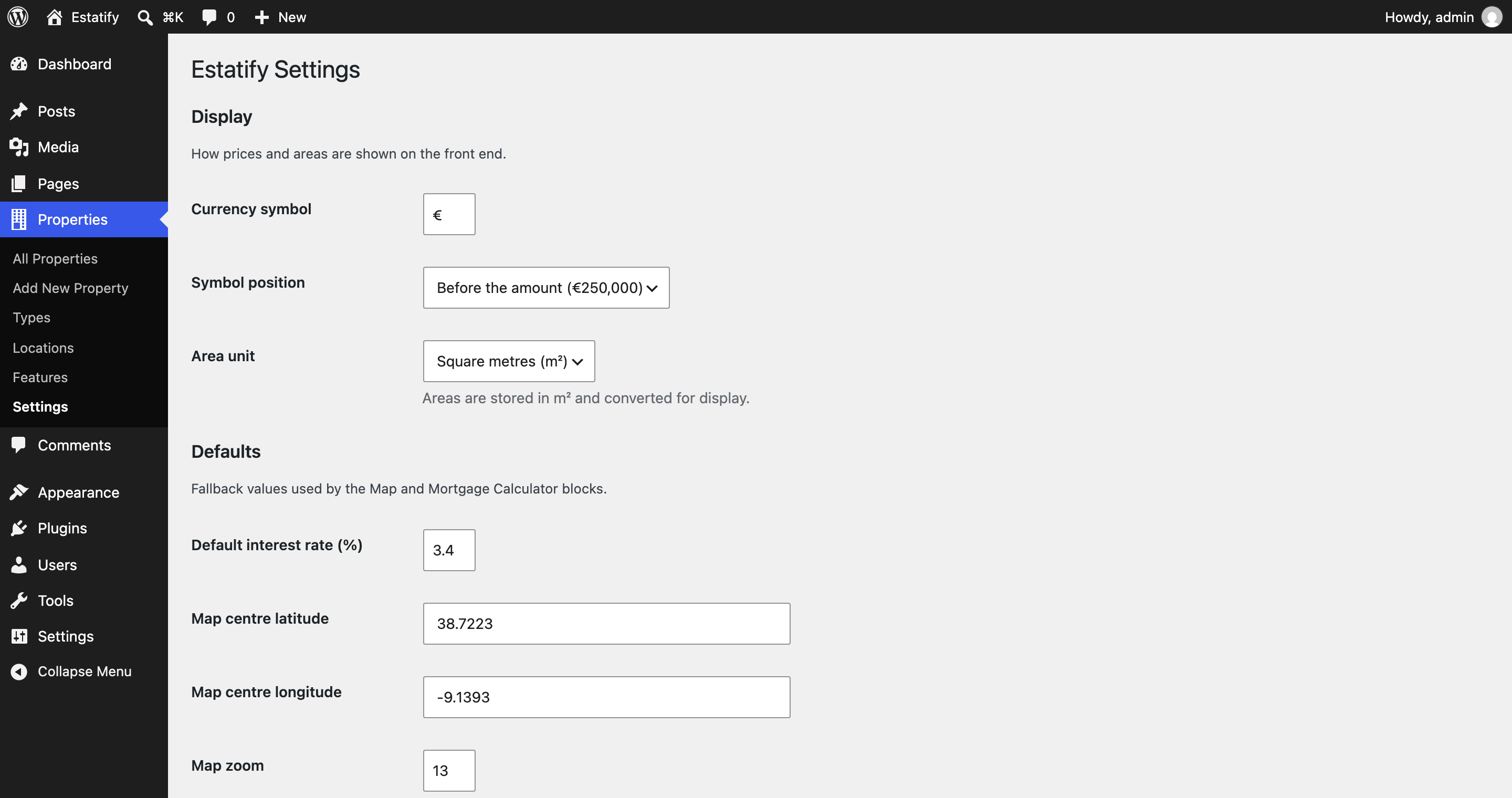 Settings page
