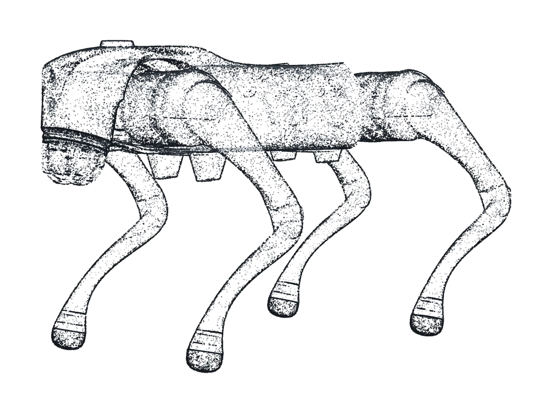 A Unitree GO2 quadruped resolving out of drifting particles.