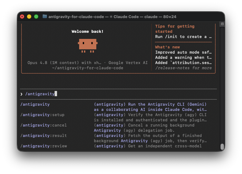 The /antigravity slash commands in a Claude Code terminal session