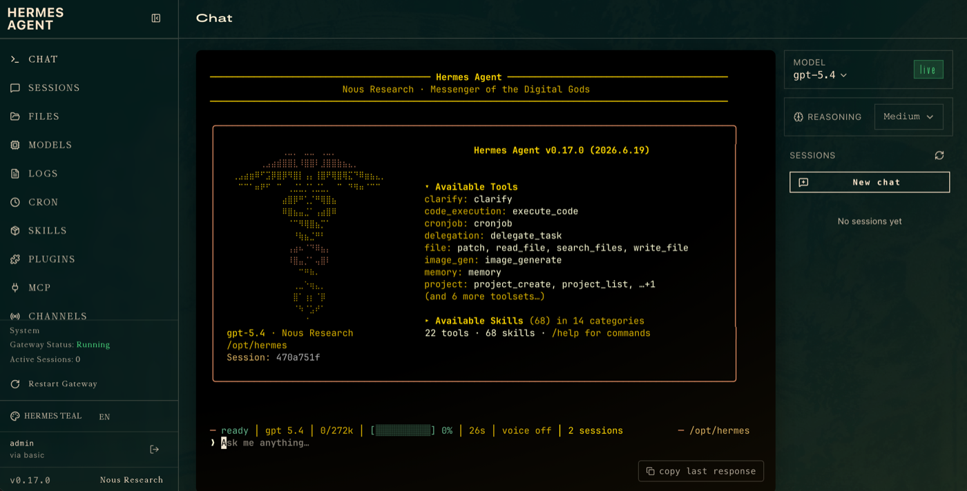 Hermes Agent — the official Nous web dashboard
