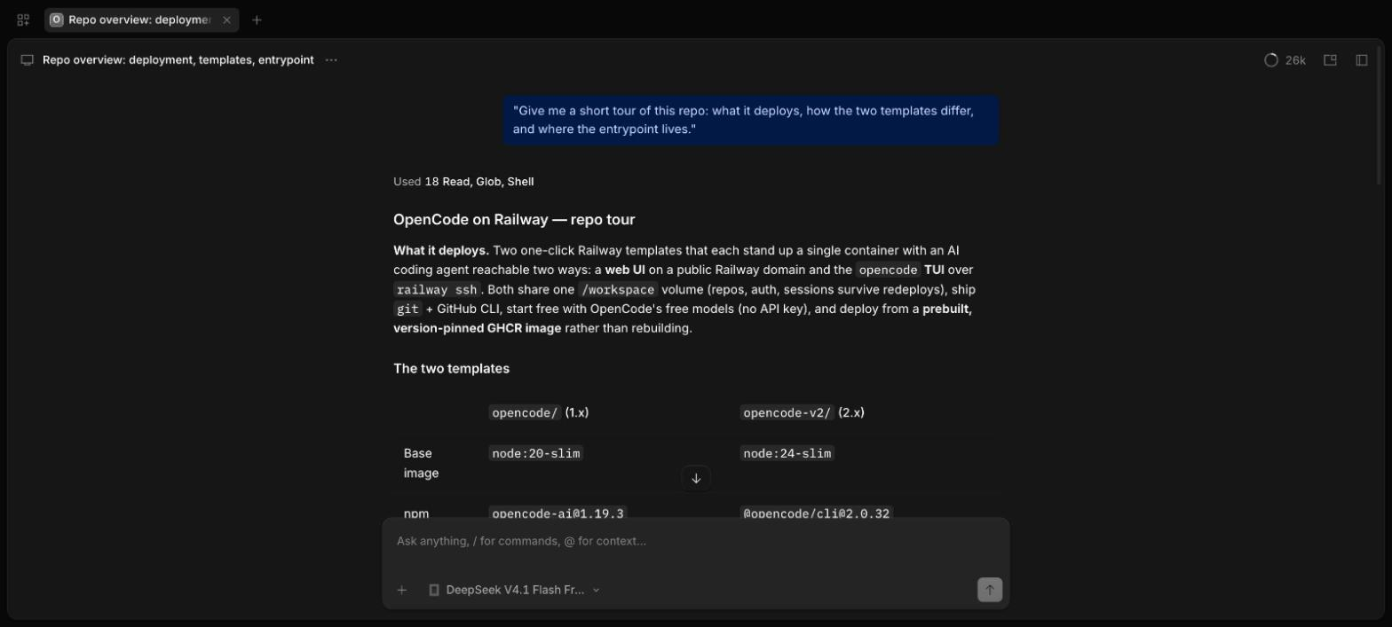 The OpenCode 2 web app on this template: an agent touring a repo on the free DeepSeek model