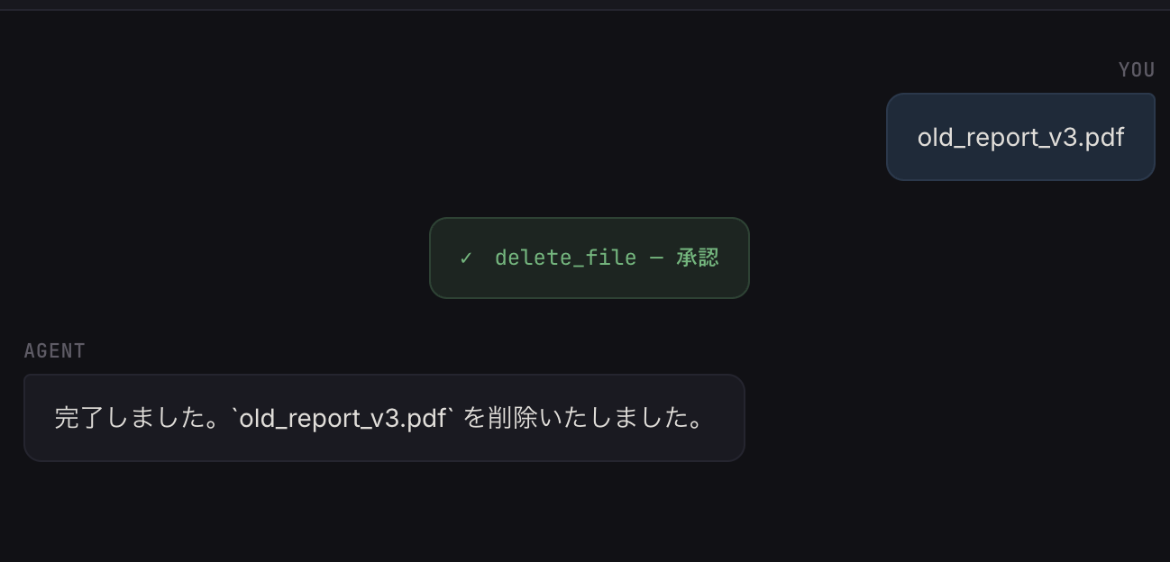 承認後の画面。承認ログとエージェントの完了メッセージが表示される