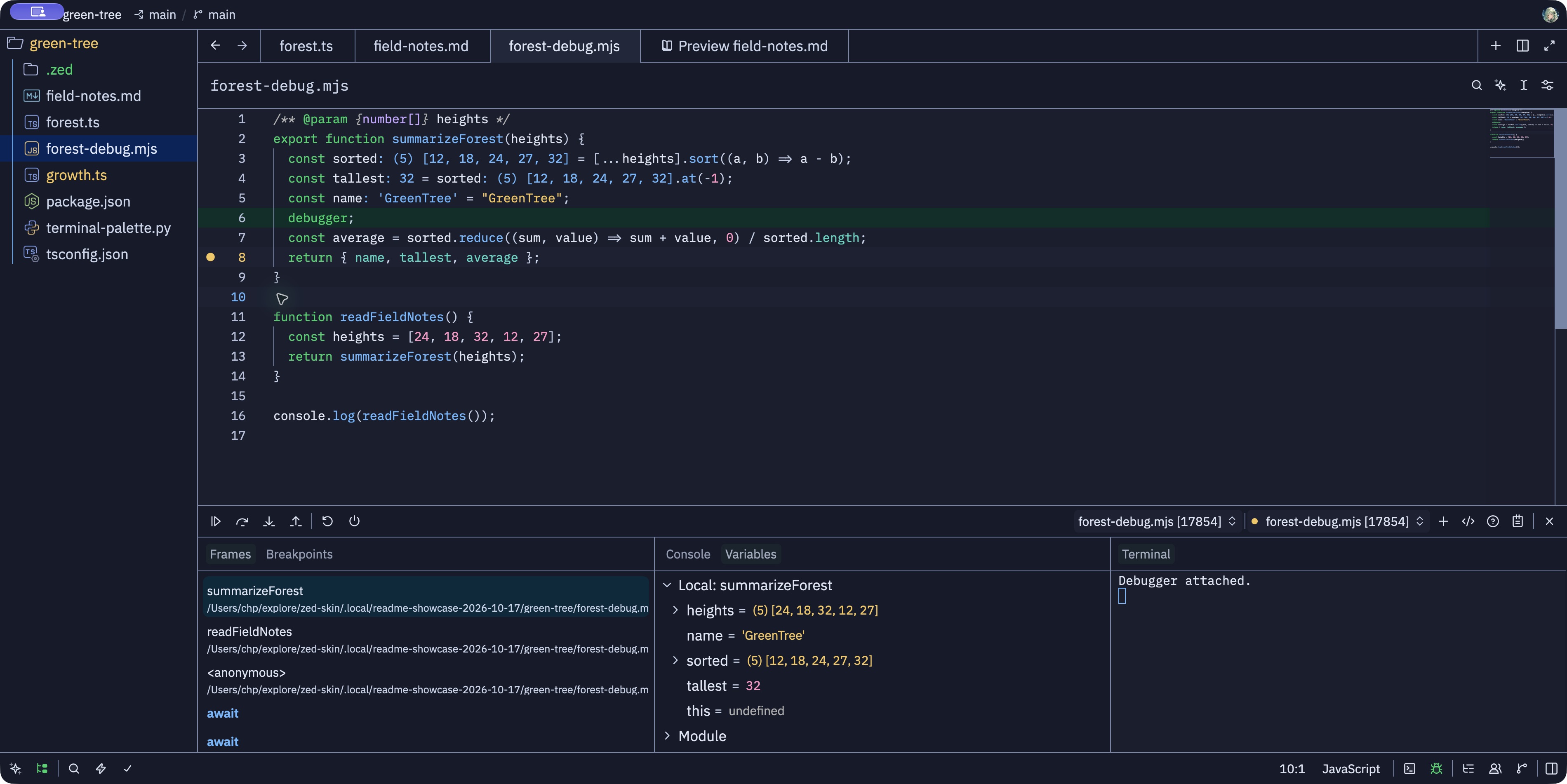 GreenTree Day AAA: paused debugger with execution line, breakpoint, stack frames and variables