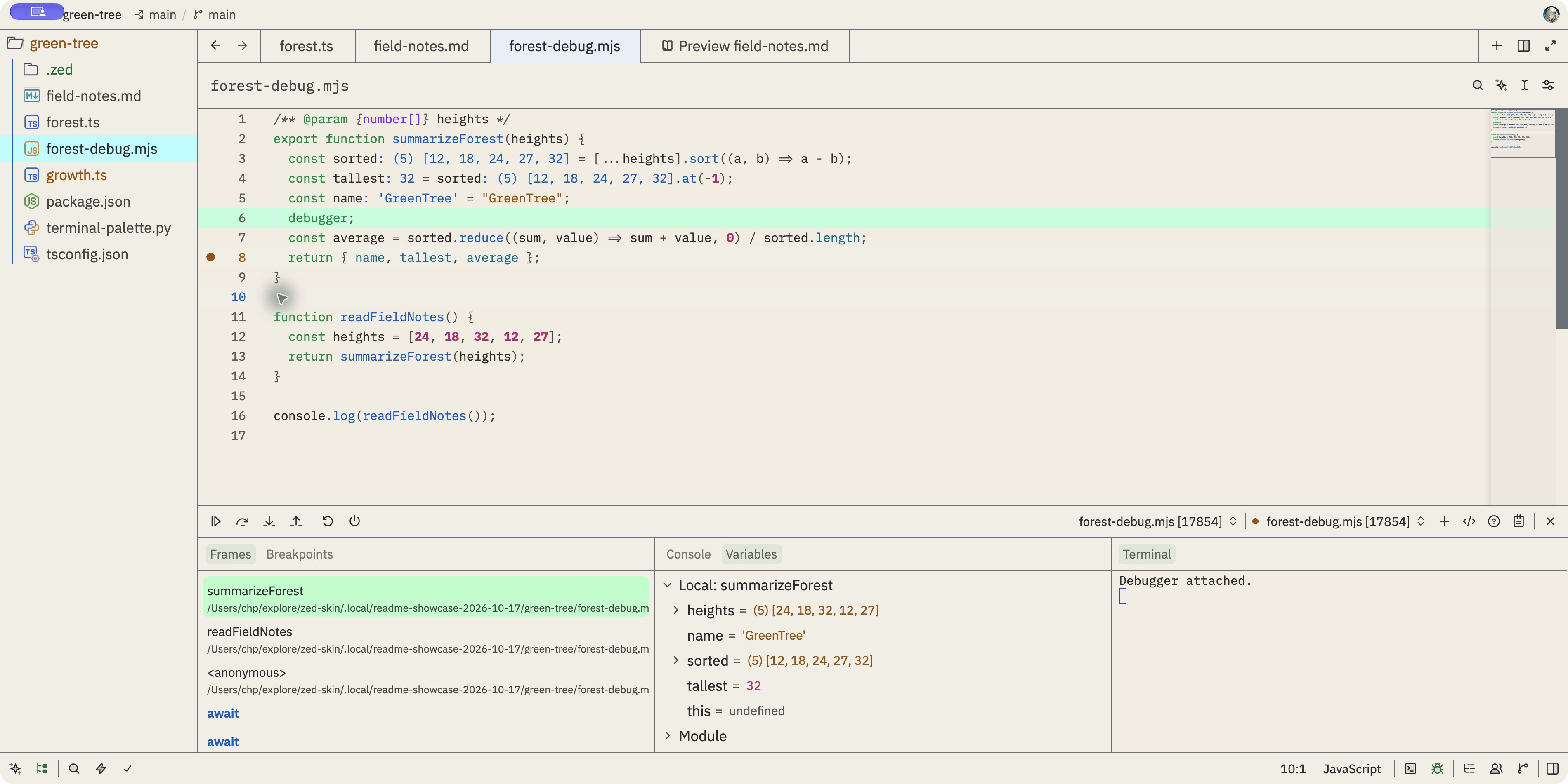 GreenTree Day Vivid: paused debugger with execution line, breakpoint, stack frames and variables