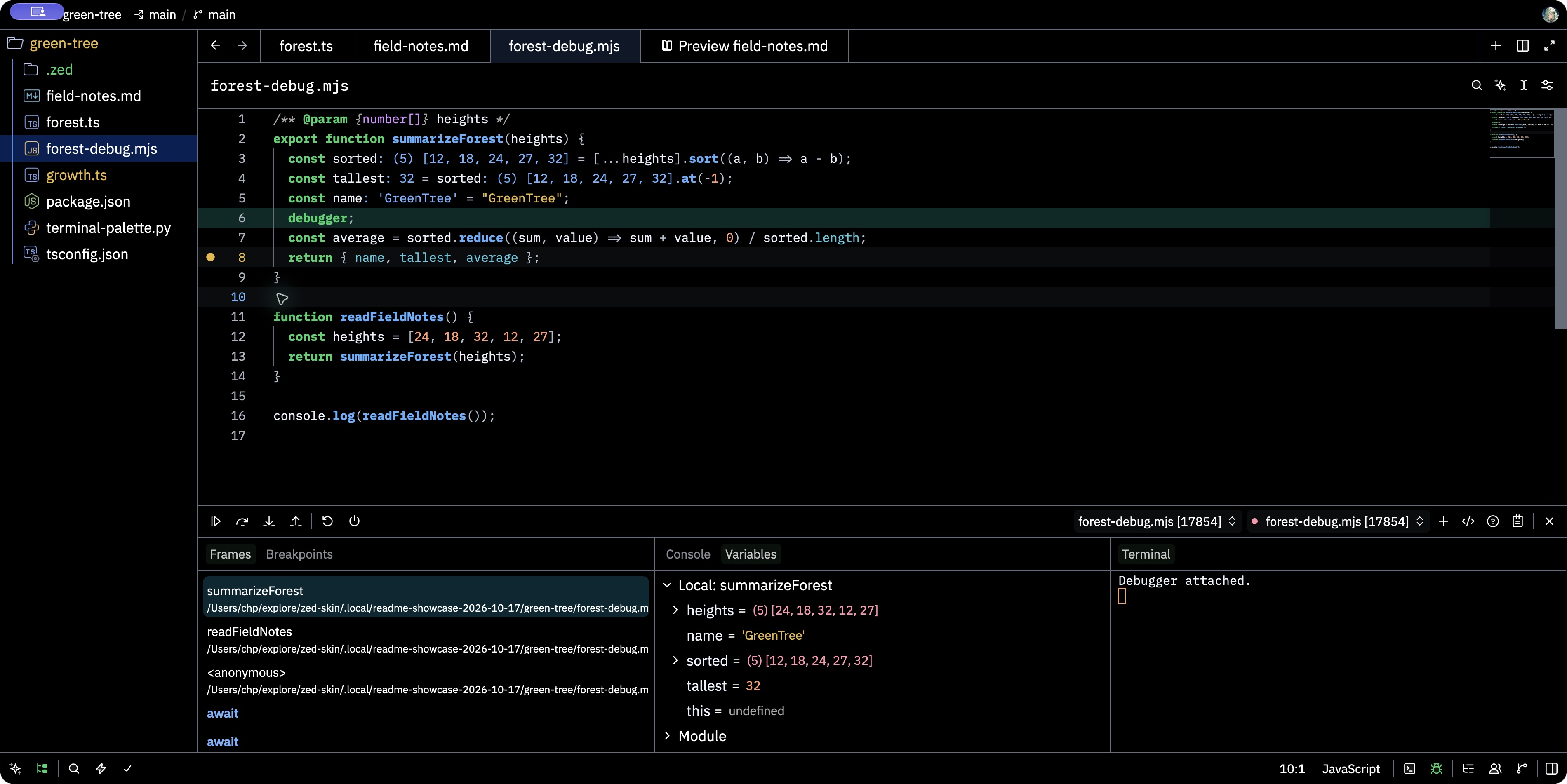 GreenTree Midnight AAA: paused debugger with execution line, breakpoint, stack frames and variables