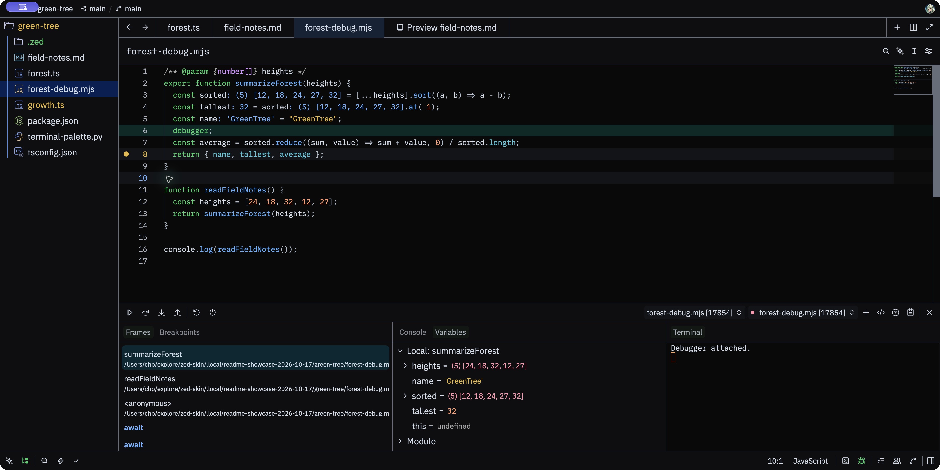 GreenTree Night AAA: paused debugger with execution line, breakpoint, stack frames and variables