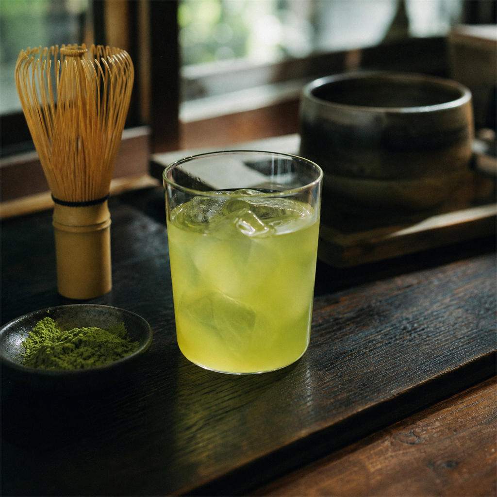 お茶のお酒を氷の入ったグラスに注ぐ様子