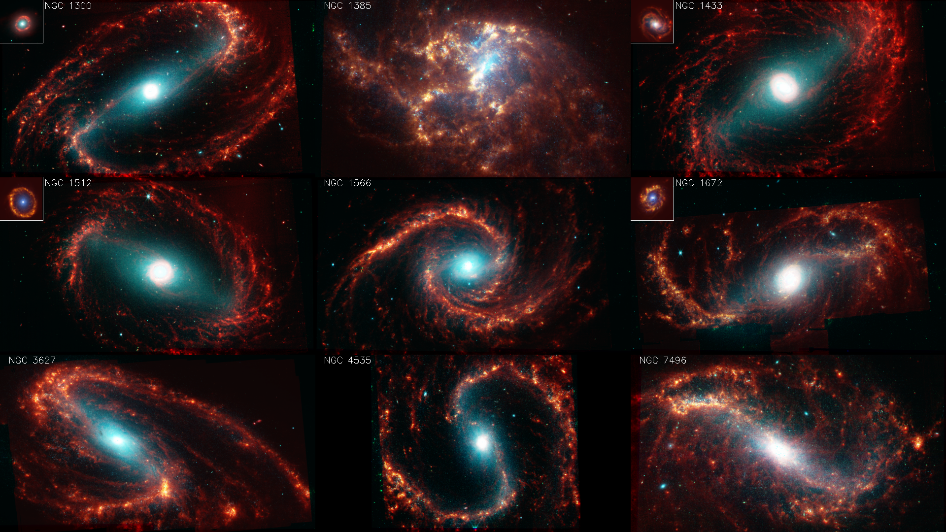 Nine galaxies captured by JWST, NIRCam + MIRI