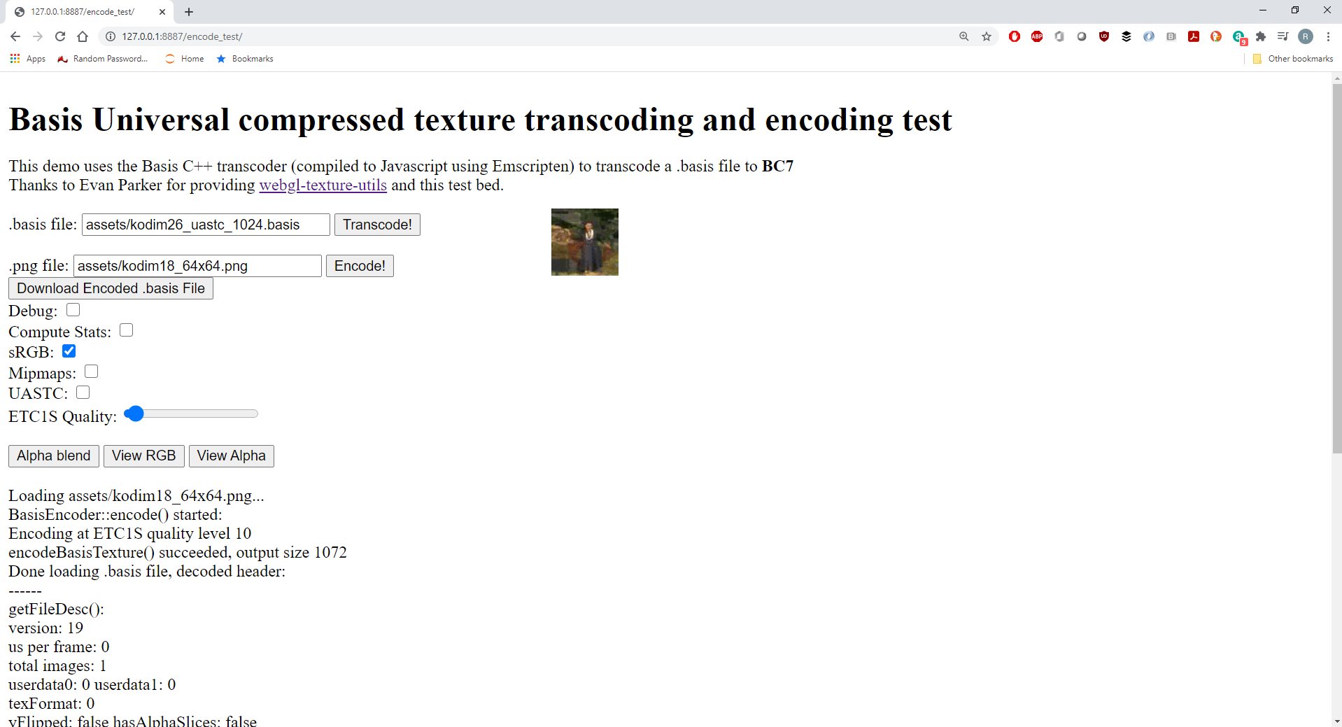 Screenshot of 'encode_test' example running in a browser.