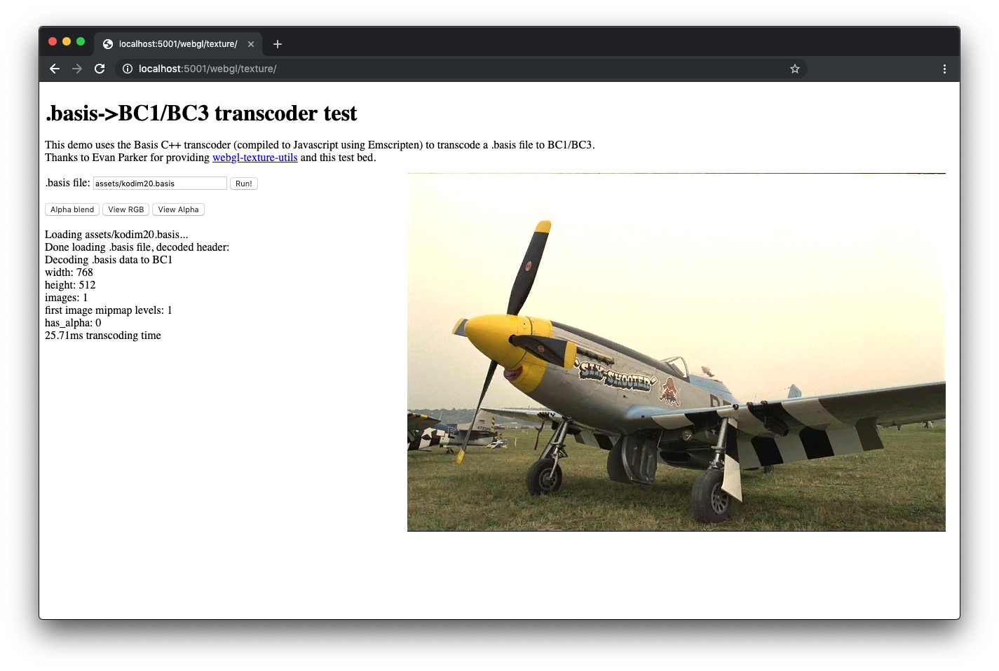 Screenshot of 'texture' example running in a browser.