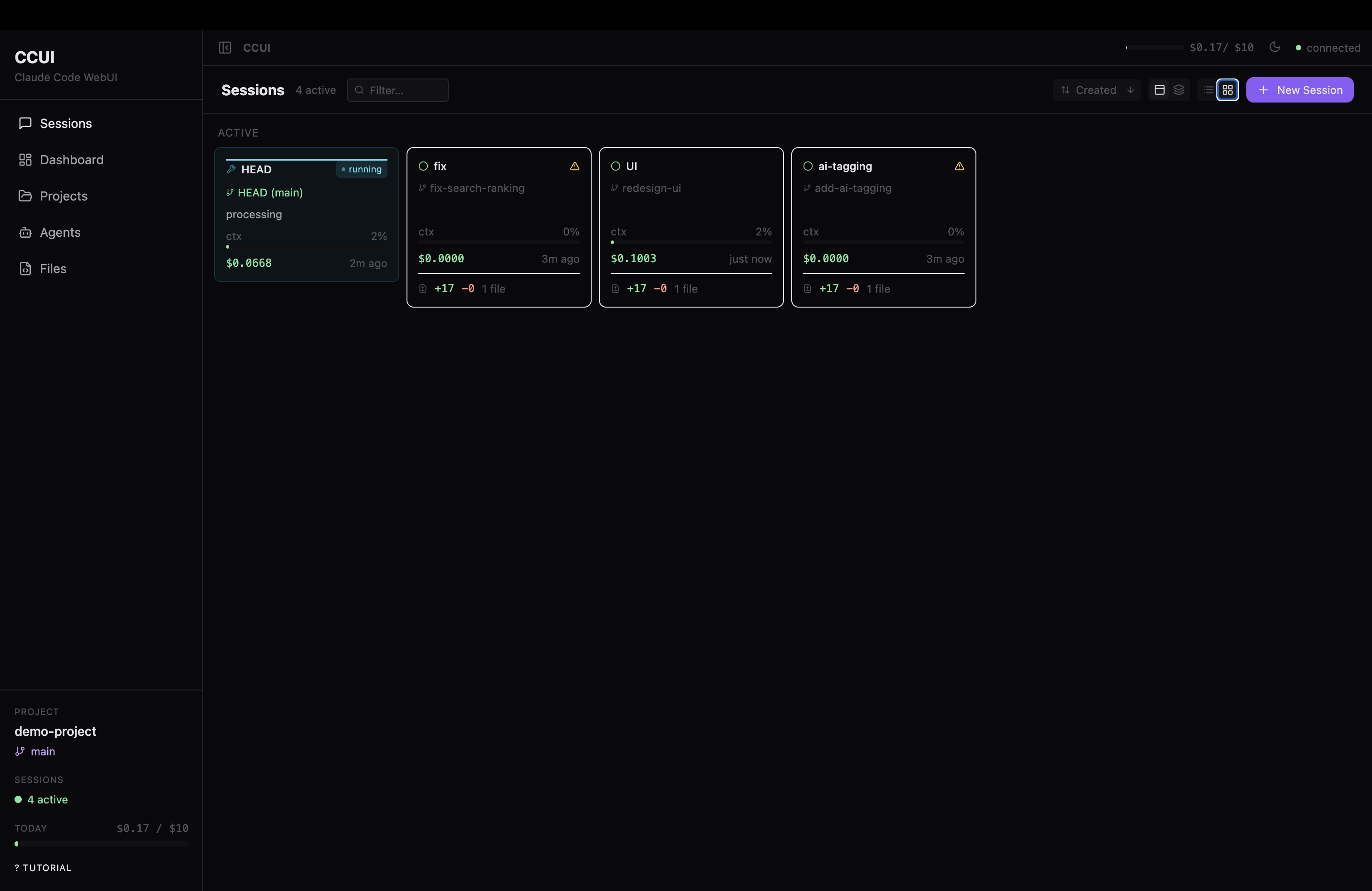Grid view — all sessions at a glance