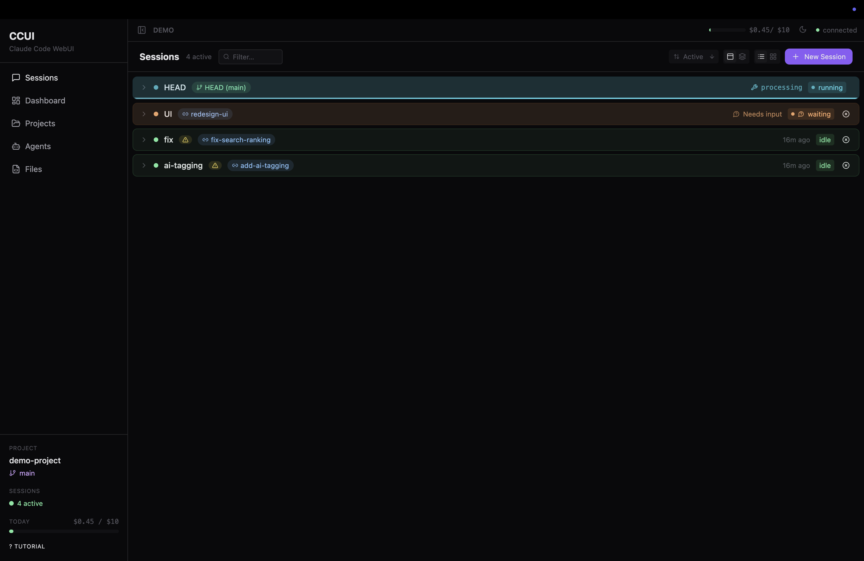 List view — session status at a glance