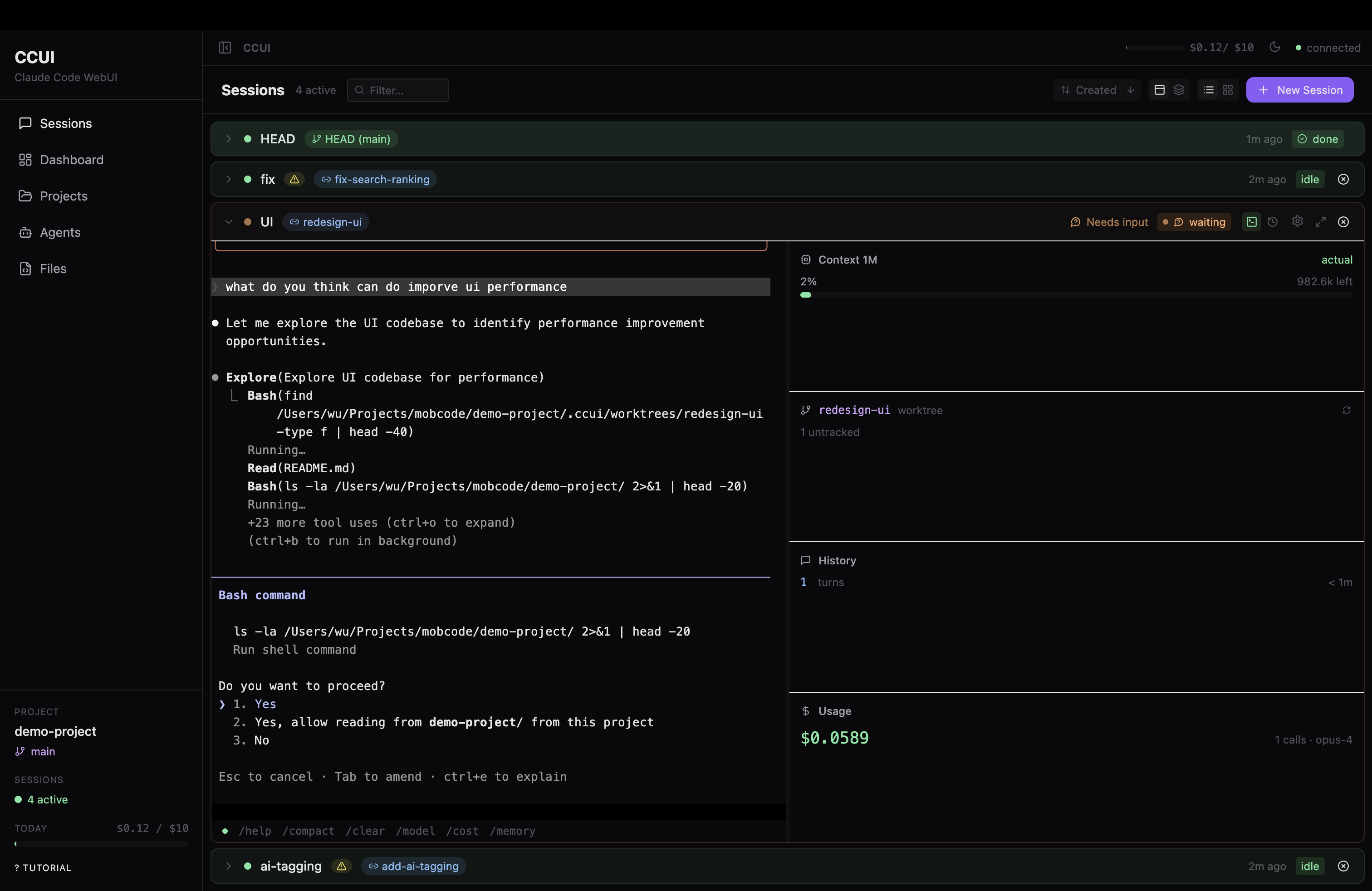 Main workspace — terminal interaction with Claude agent