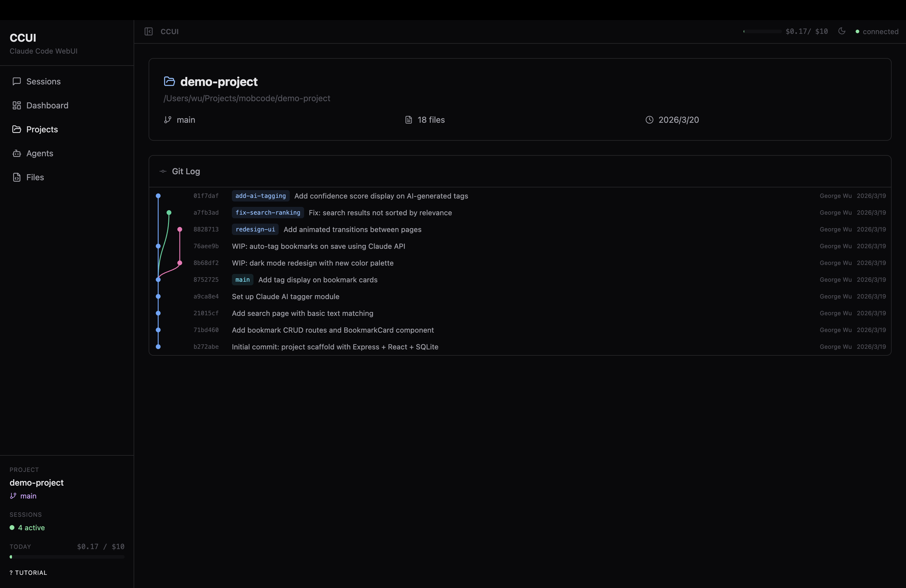 Projects page — git log with branch graph
