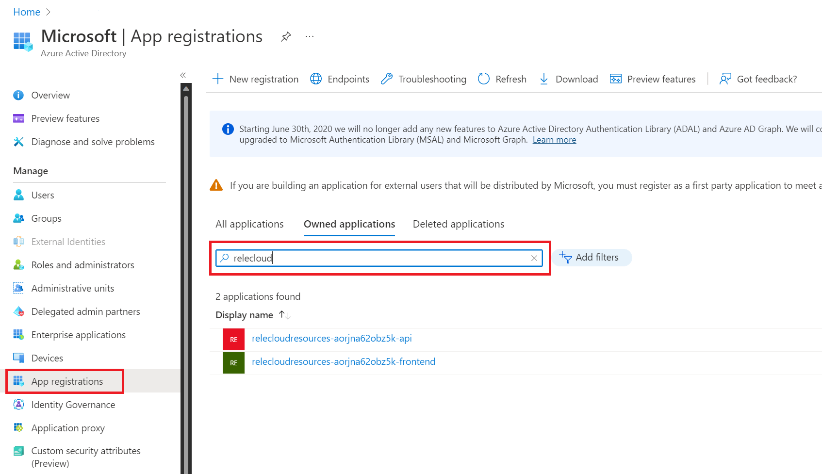 screenshot of Azure AD App Registrations