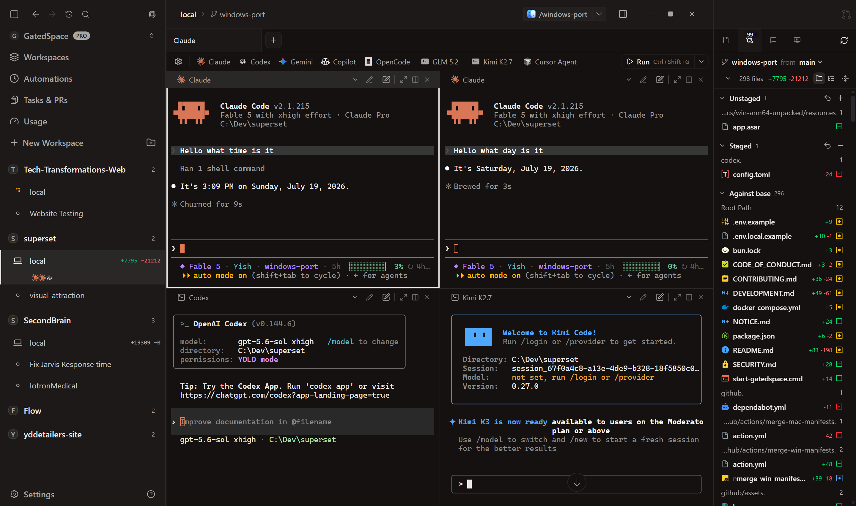 GatedSpace running Claude Code, OpenAI Codex, and Kimi Code in parallel, with the built-in diff review open