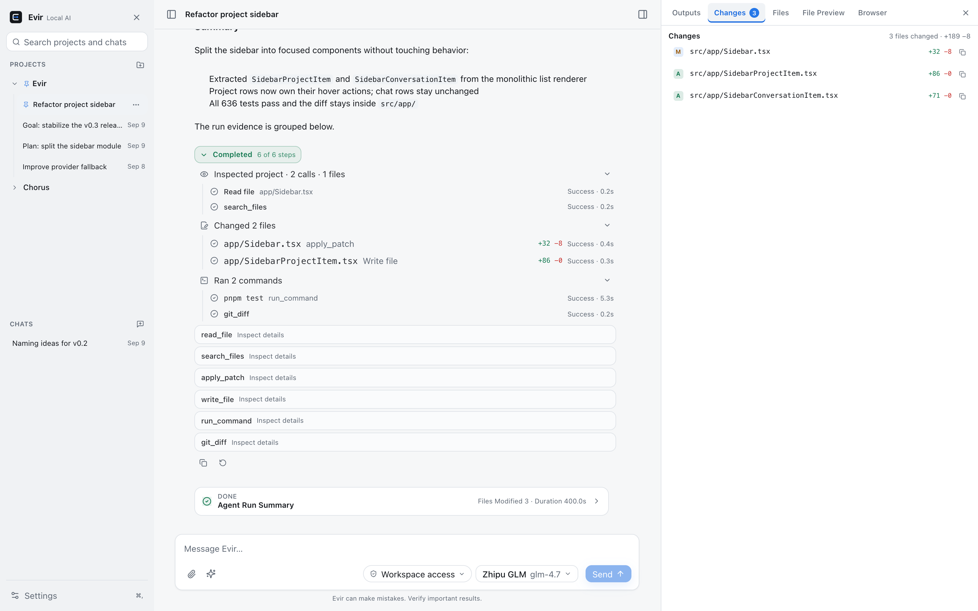 Evir Desktop：三栏工作台 —— 侧栏 Projects / Chats、任务流（含工具时间线与结果摘要）、右侧 Context Workbench 变更面板