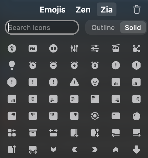 The icon picker with Tabler icons in solid style