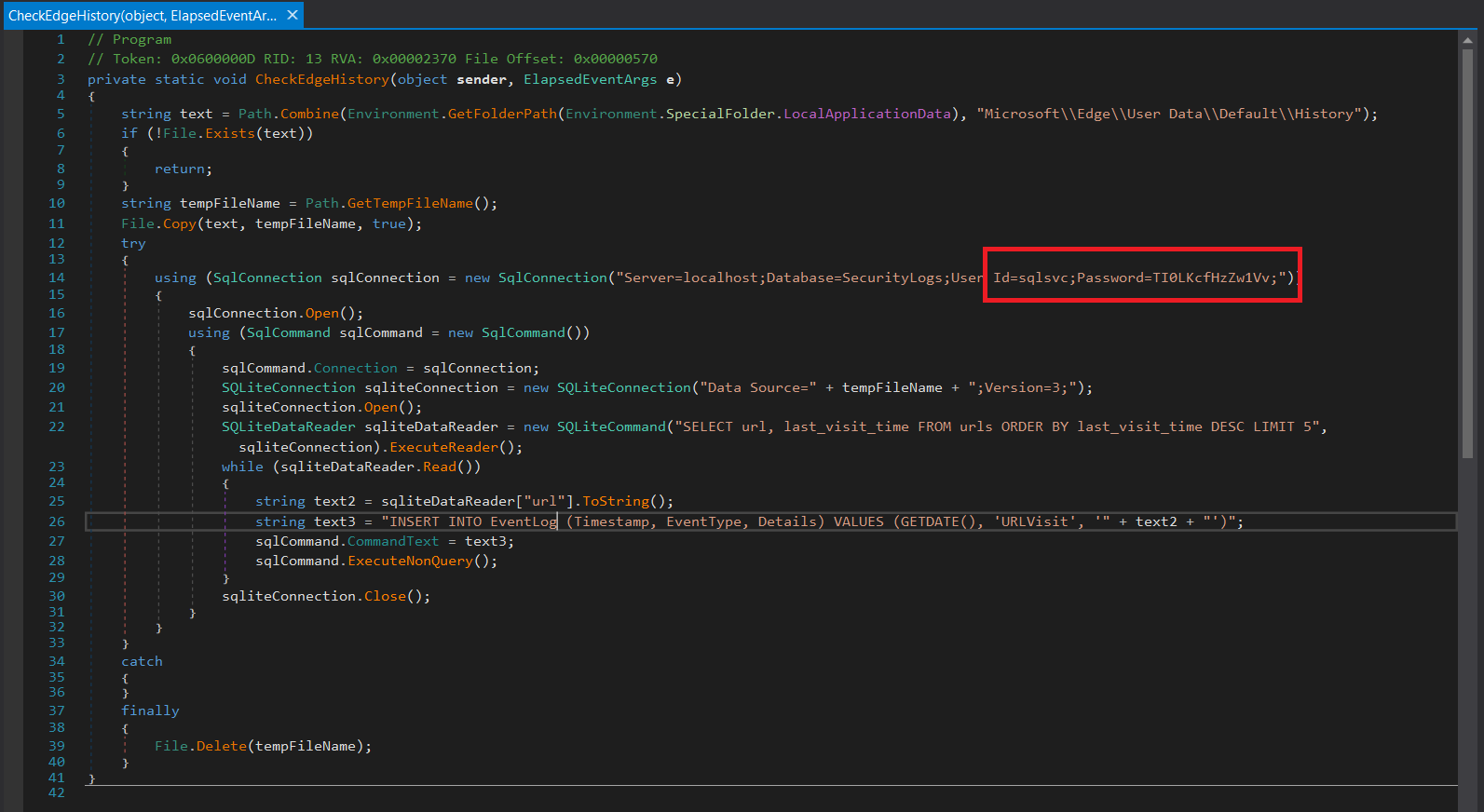 DNSpy decompiled source showing hardcoded SQL Server credentials inside overwatch.exe
