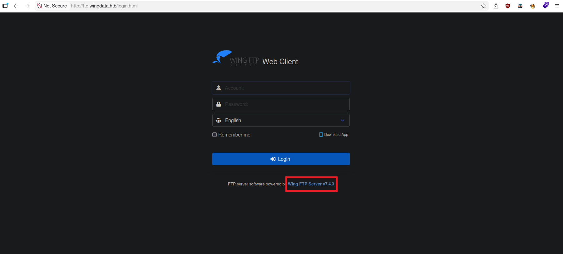 Login panel for the ftp.wingdata.htb virtual host identified as Wing FTP Server